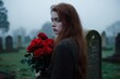 © Philipp - A sorrowful woman stands in a graveyard, holding a bouquet of red roses, symbolizing loss and remembrance. Perfect for themes of grief, mourning, and tribute.