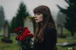 © Philipp - A sorrowful woman stands in a graveyard, holding a bouquet of red roses, symbolizing loss and remembrance. Perfect for themes of grief, mourning, and tribute.
