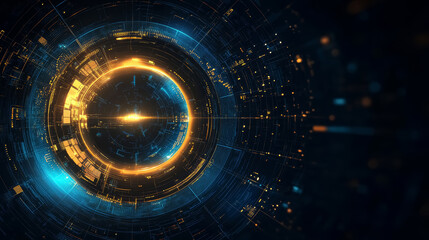 Wall Mural - abstract futuristic electronic circuit technology blue and golden tech circle background with copy s