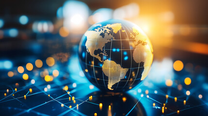 Digital Earth globe, global business trading network, world finance telecommunication connectivity