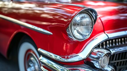 Close-up of a shiny vintage red car with chrome details