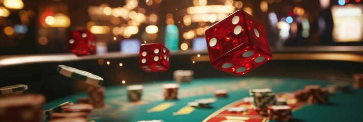 Poster - Red dice fly through the air over a craps table, with colorful chips strewn about in a bustling casino atmosphere. Generative AI