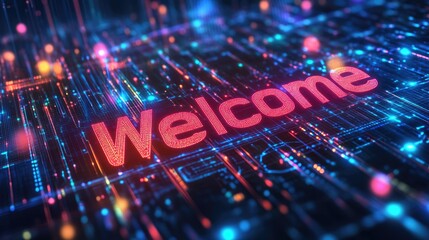Pink Welcome word on digital cyberspace background. Greeting text for events, websites, promotions and hospitality business