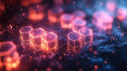 Poster - Brightly illuminated hexagonal shapes float amidst a dark, vibrant backdrop, creating a captivating abstract scene filled with color and light.