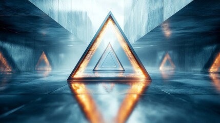Poster - A series of illuminated triangular shapes are positioned in a sleek, reflective space, creating an atmosphere of mystery and intrigue. The soft glow adds depth to the surroundings.