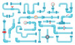 © MicroOne - Cartoon industrial pipes. Plastic metal pipe with valves. System for water tube, gas fuel or air duct. Flows technology elements, neoteric vector set