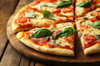© Ivan Traimak - Delicious freshly baked Margherita pizza topped with basil and tomatoes served on a wooden board. Generative AI