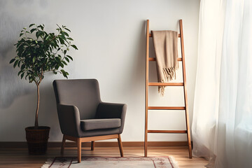 Wall Mural - Interior of living room with wooden ladder, armchair and plant