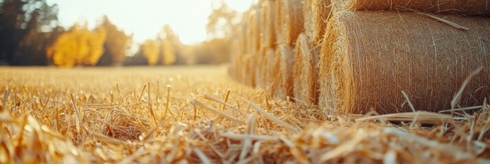Poster - Golden stacks of hay are neatly arranged, glowing under the sun, surrounded by colorful fall foliage and a serene landscape. Generative AI