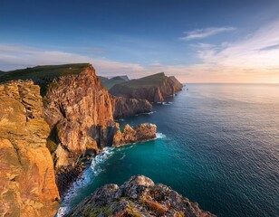 Wall Mural - stunning coastal view of rugged cliffs and turquoise waters at dawn in a remote natural landscape