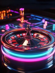 Poster - The roulette table glows with neon numbers, creating an exciting atmosphere in the lively casino with players ready to spin. Generative AI