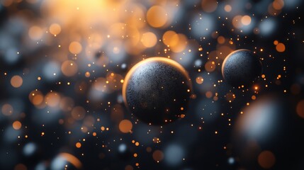 Poster - A collection of glowing particles and spheres float through a dark void, illuminated by soft, warm light. The composition evokes a sense of wonder and cosmic beauty.