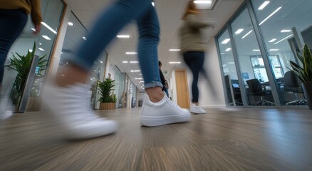 A blurred group of young people walking in an office building, wearing jeans and white sneakers The focus is on their legs and shoes Generative AI