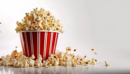 Canvas Print - Classic red and white striped popcorn bucket overflowing with popcorn on a white surface