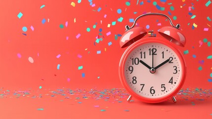 Vibrant celebration time concept with classic red alarm clock colorful confetti