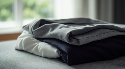 Aufkleber - Softly lit, neatly folded sportswear in neutral tones arranged on a table, highlighting an organized and minimalistic lifestyle. Generative AI