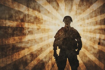 A shadowy soldier stands against a dramatic, textured background, embodying themes of valor, strength, and sacrifice.