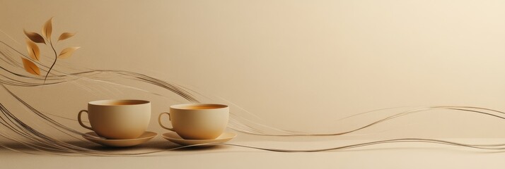 Poster - The composition highlights two delicate cups accompanied by flowing lines that evoke the essence of tea leaves in a soft backdrop. Generative AI