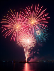 Fototapete - The vibrant colors of the firework exploded in a mesmerizing display to ring in the joyous occasion of Happy New Year 2025.
