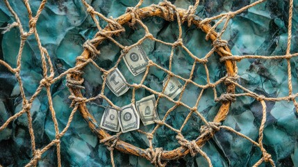 Dollar bills trapped in a net inside a wooden circle on a blue background.