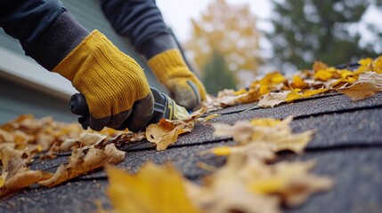 Autumn Roof Maintenance. Clearing Leaves for Home Care