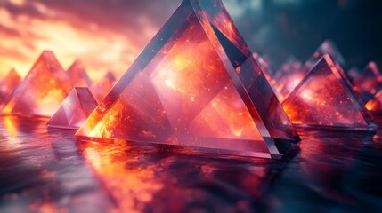 Aufkleber - Pyramids made of shimmering crystals rise from a reflective surface, illuminated by warm hues from a stunning sunset, creating a surreal atmosphere.