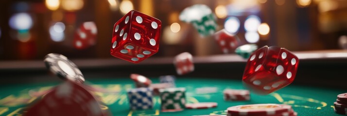Fototapete - Amid a lively atmosphere, bright red dice fly across a craps table, landing amidst colorful chips scattered everywhere. Generative AI