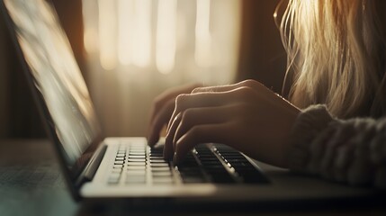 Wall Mural - woman typing on laptop in minimalist workspace