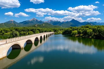 Leinwandbilder - Minimalist depiction of the Seventeen-Arch Bridge, with simple, clean lines and soft colors representing its serene beauty over Kunming Lake
