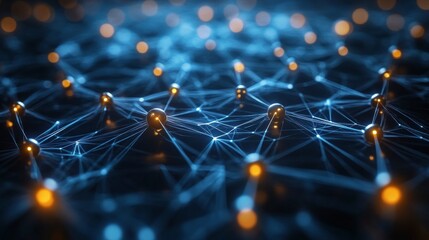 Poster - A dynamic display of interconnected nodes and lines illuminated in blue and orange hues, representing the complex nature of digital networks and technology.