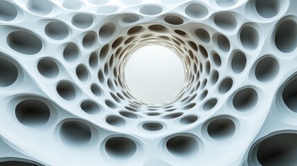 Poster - The design features a captivating tunnel characterized by soft curves and numerous circular openings, creating a sense of depth and abstraction. The light tone enhances the unique structure.