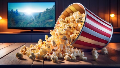 Canvas Print - Close-up of a bowl of popcorn with a blurred television screen in the background, perfect for movie night ambiance and home entertainment themes.