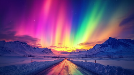 Beautiful aurora, rainbow colors, beautiful sky, snow-capped mountains in the distance, wide-angle lens, road leading to the distance, snow on the ground, a color scheme of pink, purple, blue, green