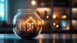 © watz - A glass jar with a miniature city inside on a wooden table.