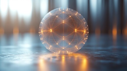 Fototapete - A luminous orb sits centered on a smooth reflective surface, surrounded by abstract patterns and warm glowing lights, creating an enchanting atmosphere during early morning hours.