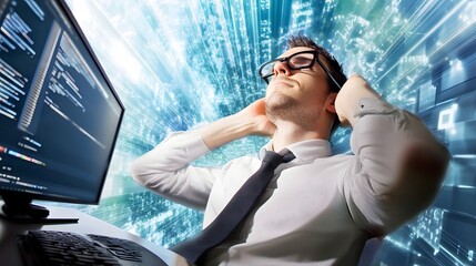 Wall Mural - A man leans back in his chair, taking a break from coding.