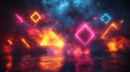 Poster - Colorful neon geometric shapes, including triangles and diamonds, glow against a dark, cosmic background. Their reflection shimmers on the water's surface, creating a mesmerizing effect.