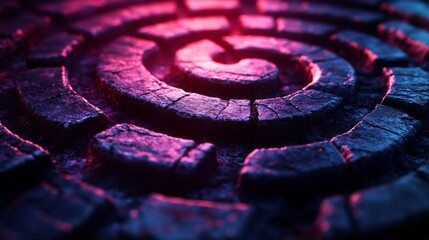 Poster - A mesmerizing spiral maze made of textured stones glows with captivating purple and pink lights, giving it an enchanting appearance at night.