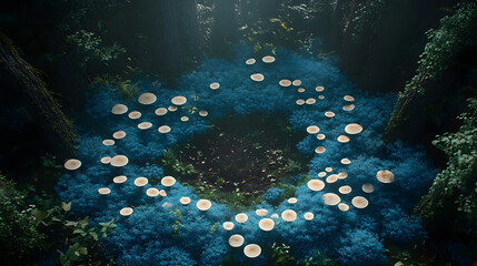 Sticker - Lush blue forest area, forest mushroom fairy circle top down view