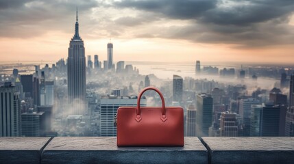 Red Bag Overlooking City Skyline at Dusk