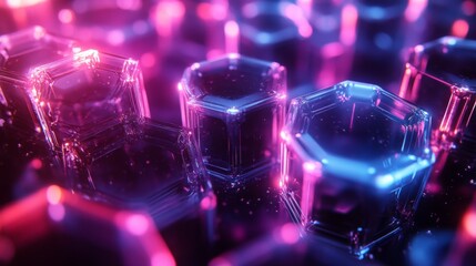 Poster - Hexagonal crystals are illuminated in bright purple and blue hues, creating a captivating abstract design that reflects a vibrant environment.