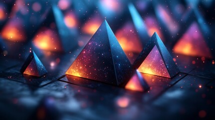 Poster - A captivating arrangement of pyramids in various sizes emits warm glowing lights, creating a mesmerizing atmosphere against a dark backdrop filled with sparkling details.