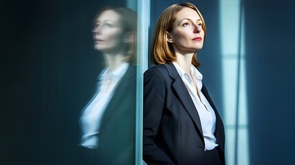 Wall Mural - A woman in a black suit stands by a window, looking contemplative.