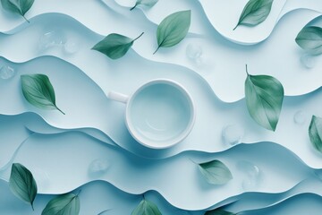 Leinwandbilder - A calming tea cup is placed amidst gently swirling leaves on a smooth blue surface, evoking a sense of peace and nature's beauty. Generative AI