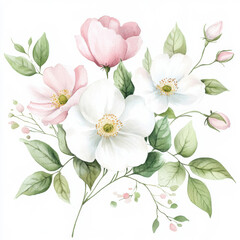 Wall Mural - A delicate watercolor arrangement featuring soft pink and white flowers, surrounded by lush green branch leaves and tiny buds. The hand-painted floral clipart is ideal for wedding invitations and