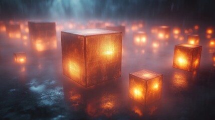 Aufkleber - Glowing cubes of various sizes illuminate the foggy surroundings, creating an enchanting, mystical scene that captures nighttime tranquility and beauty.