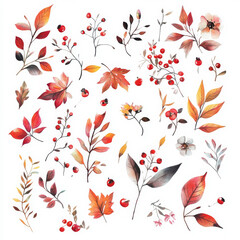 Wall Mural - A whimsical watercolor set featuring autumn leaves, clusters of red berries, and delicate fall flowers, designed in a sticker format. The cute illustrations on a white background are ideal for