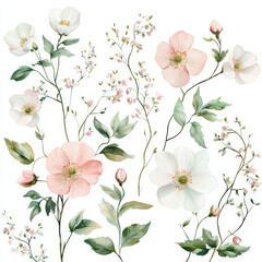 Wall Mural - A delicate watercolor arrangement featuring soft pink and white flowers, surrounded by lush green branch leaves and tiny buds. The hand-painted floral clipart is ideal for wedding invitations and