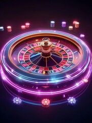 Poster - The roulette table glows brightly with neon numbers and colorful chips, creating an exciting atmosphere in a bustling casino setting. Generative AI
