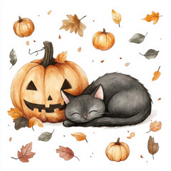 Wall Mural - A cute watercolor set featuring a black cat curled up beside a large pumpkin, with tiny pumpkins and autumn leaves scattered around. The hand-drawn illustrations on a white background create a cozy